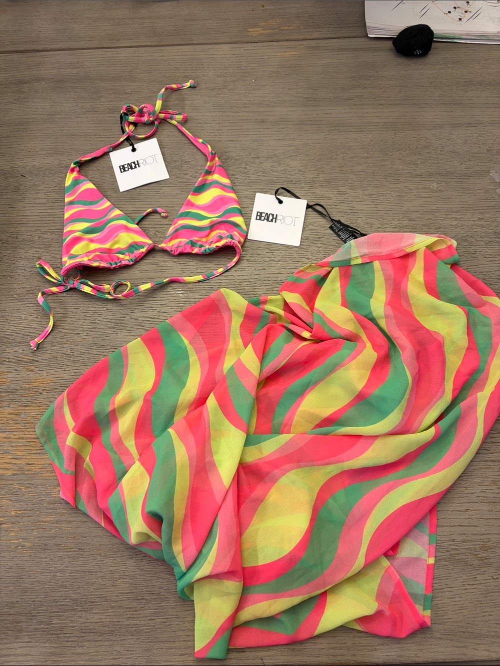 Beach Riot Neon Wave Bikini Top & Sarong - Pink, Green, Yellow